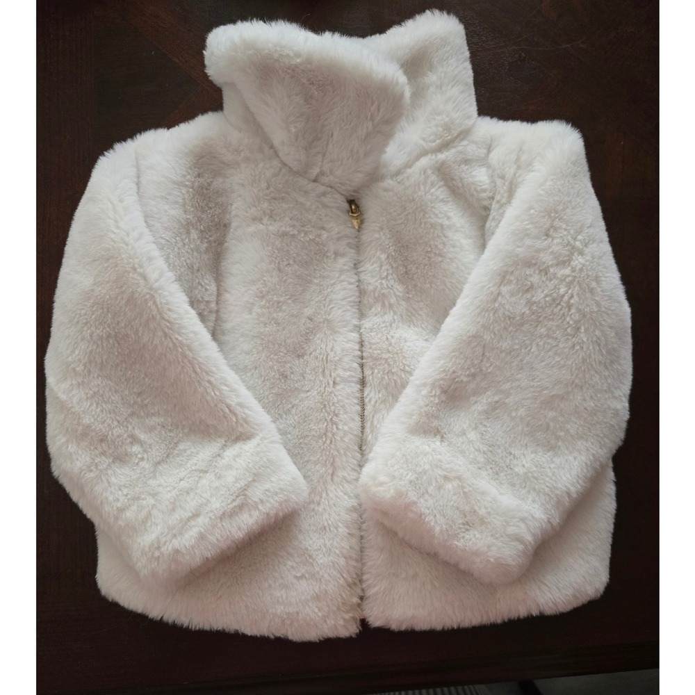 Cat & Jack Toddler Girls Cream White Faux Fur Zip Jacket Gold Heart Pull 2T